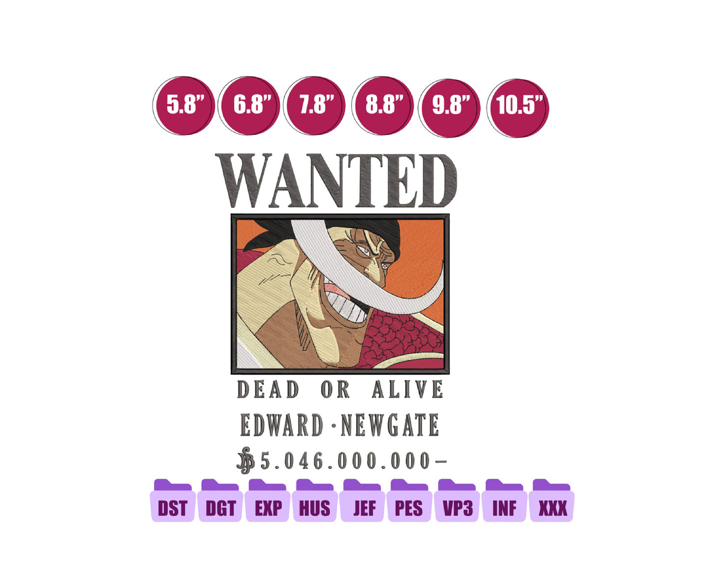 Bounty Whitebeard Anime Embroidery Design, Digital Anime Embroidery File 143