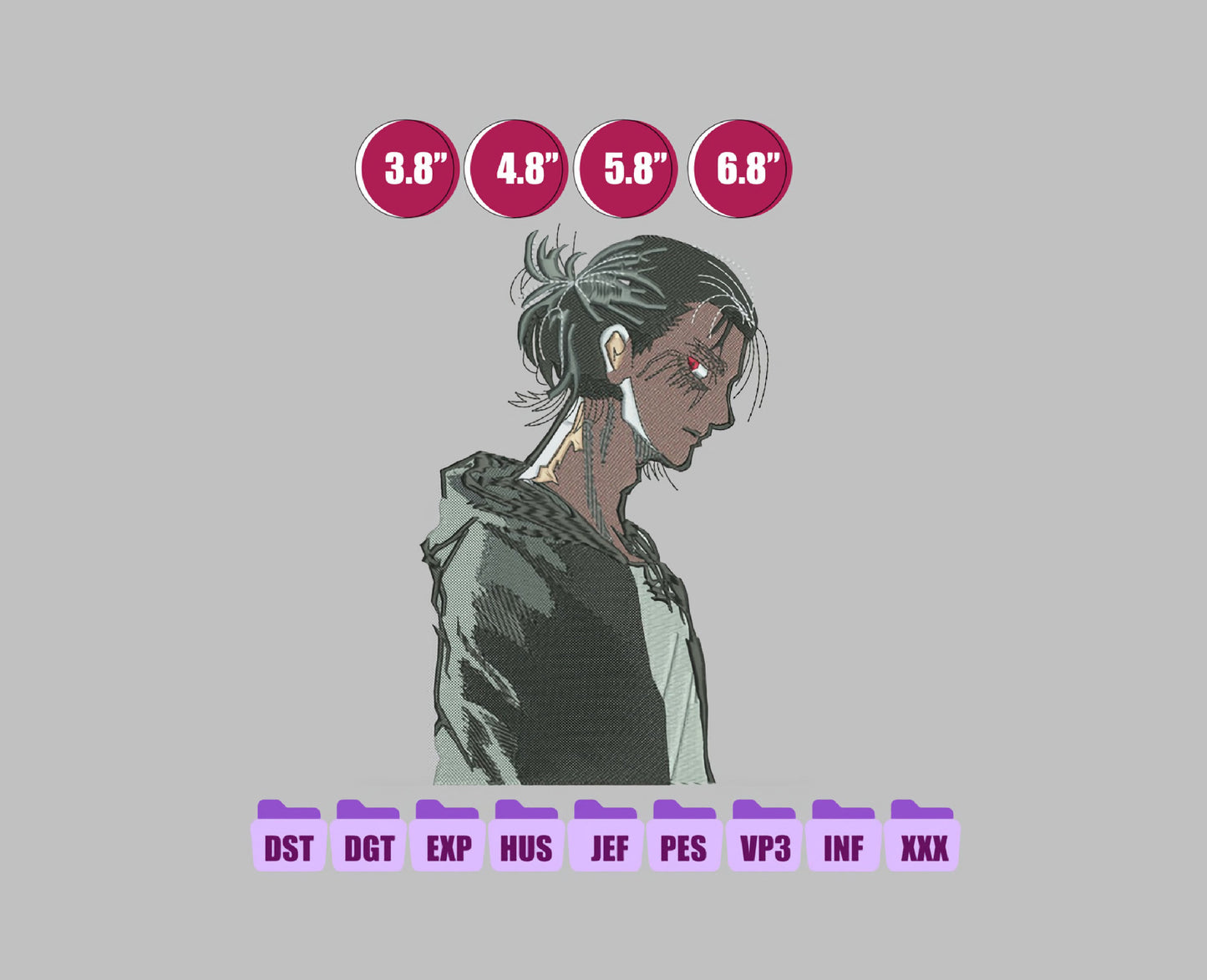 Eren Yeager Anime Embroidery Design, Digital Anime Embroidery File 155