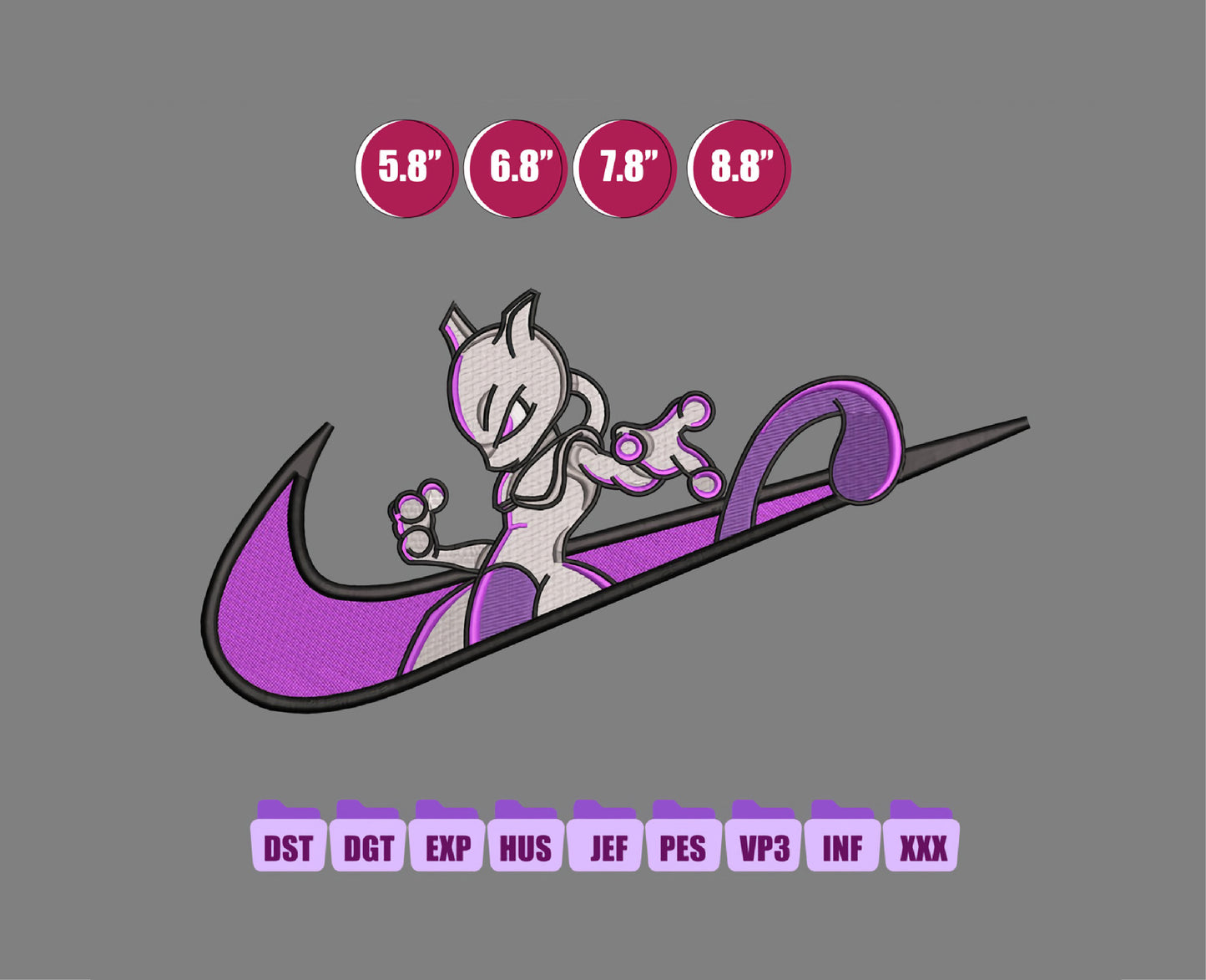 Mewtwo Pokemon Anime Embroidery Design, Ni ke Anime Embroidery Designs 29