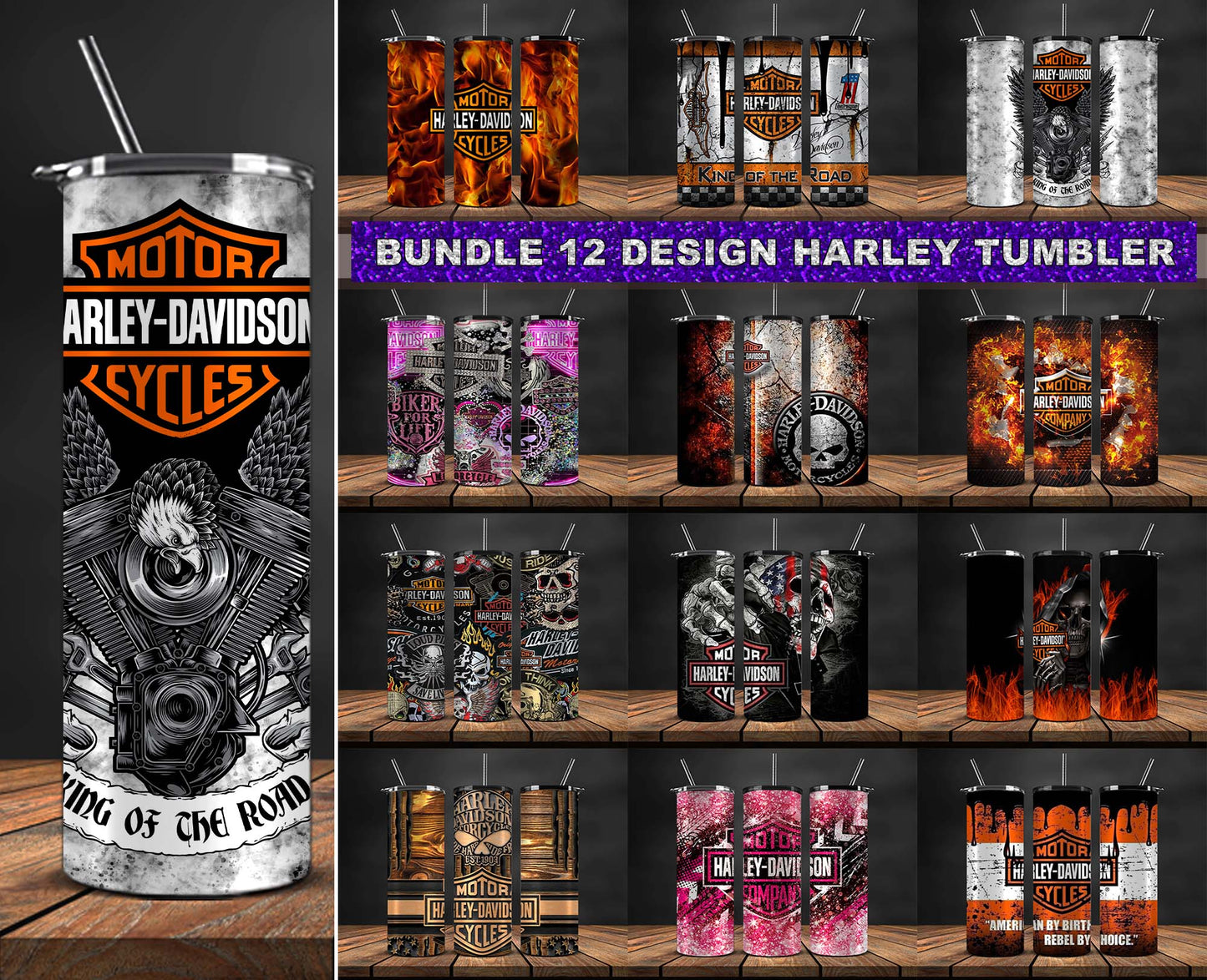 Bundle 12 Design Harley Skinny Tumbler Png, Motor Harley Digital Tumbler Wrap, Moto Tumbler Wrap 37